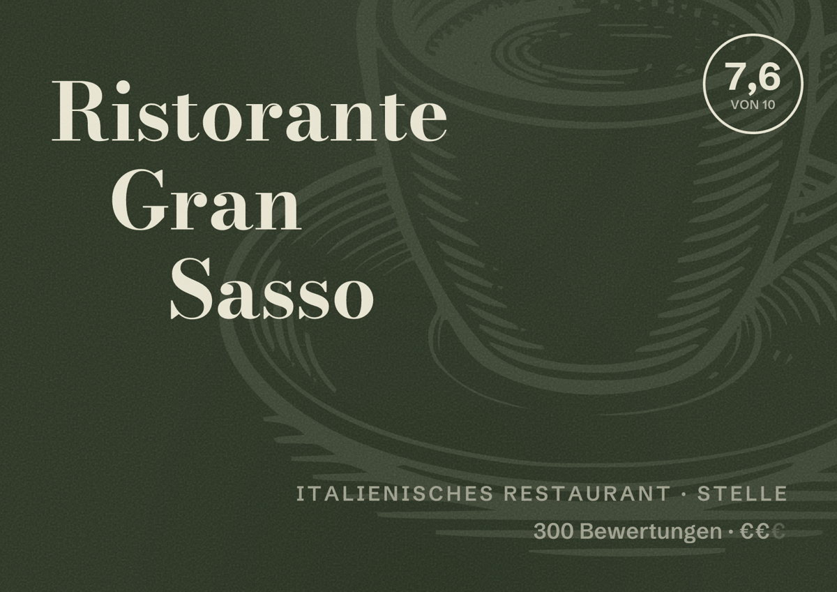 Illustriertes Poster von Ristorante Gran Sasso, Italienisches Restaurant in Stelle: Bewertung 7,6 von 10 aus 300 Bewertungen, Preisniveau €€