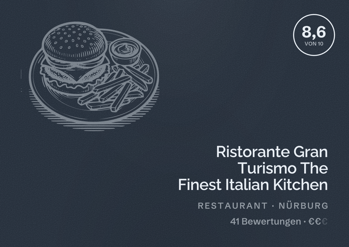 Illustriertes Poster von Ristorante Gran Turismo The Finest Italian Kitchen, Restaurant in Nürburg: Bewertung 8,6 von 10 aus 41 Bewertungen, Preisniveau €€