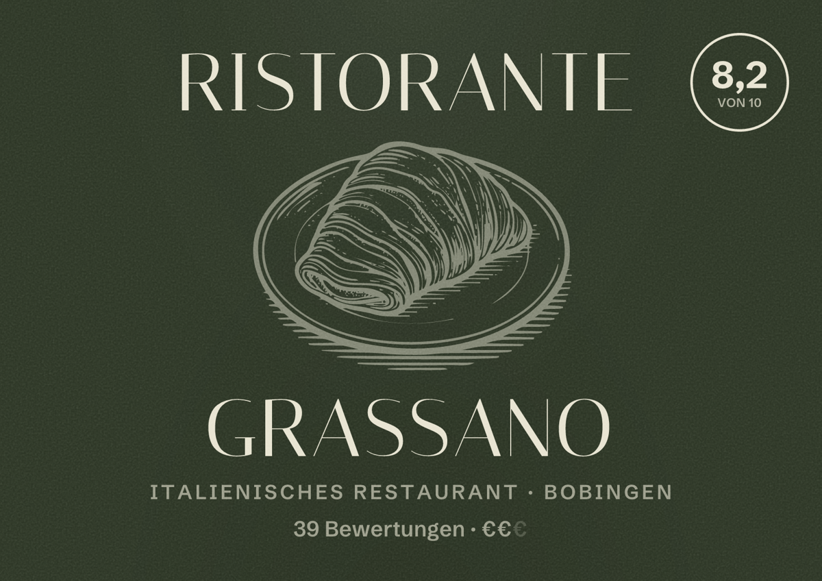 Illustriertes Poster von Ristorante Grassano, Italienisches Restaurant in Bobingen: Bewertung 8,2 von 10 aus 39 Bewertungen, Preisniveau €€