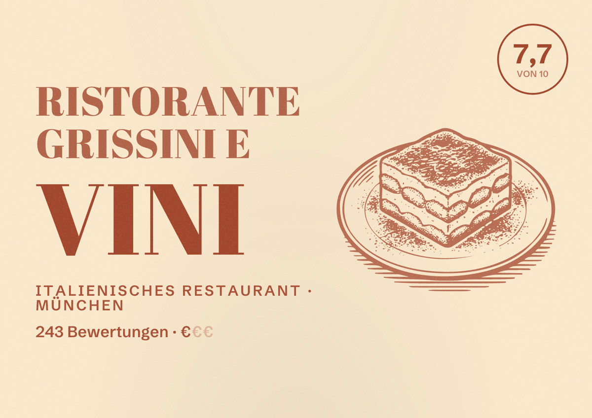 Illustriertes Poster von Ristorante Grissini e Vini, Italienisches Restaurant in München: Bewertung 7,7 von 10 aus 243 Bewertungen, Preisniveau €