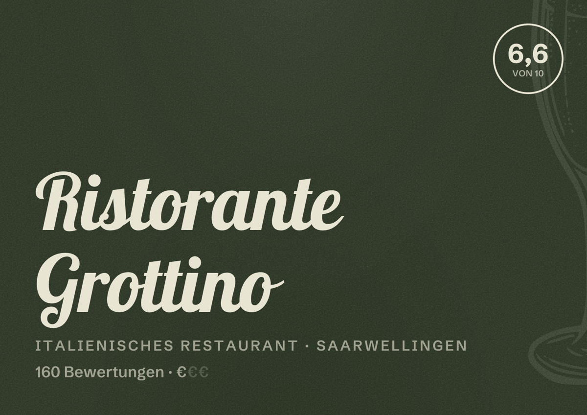 Illustriertes Poster von Ristorante Grottino, Italienisches Restaurant in Saarwellingen: Bewertung 6,6 von 10 aus 160 Bewertungen, Preisniveau €
