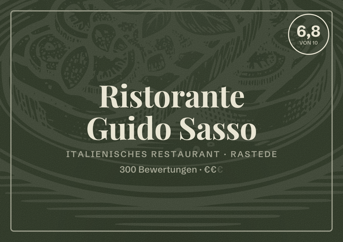 Illustriertes Poster von Ristorante Guido Sasso, Italienisches Restaurant in Rastede: Bewertung 6,8 von 10 aus 300 Bewertungen, Preisniveau €€