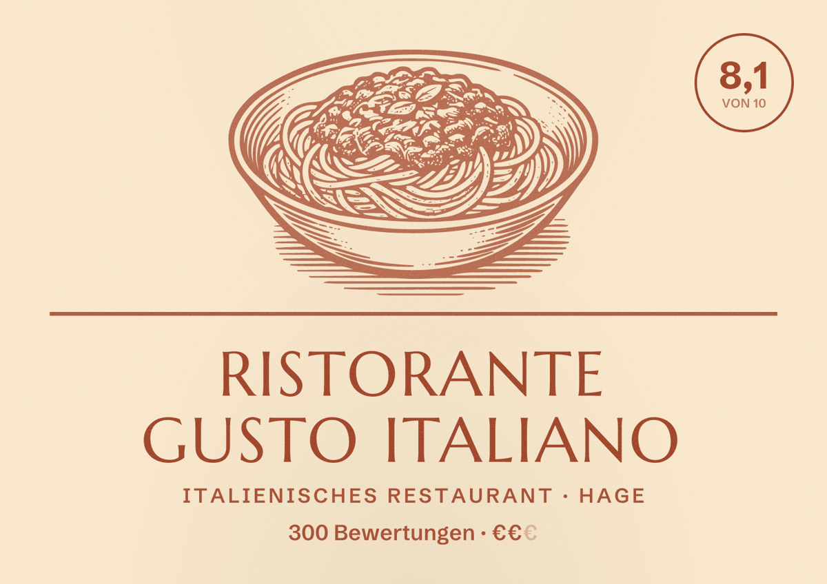 Illustriertes Poster von Ristorante Gusto Italiano, Italienisches Restaurant in Hage: Bewertung 8,1 von 10 aus 300 Bewertungen, Preisniveau €€