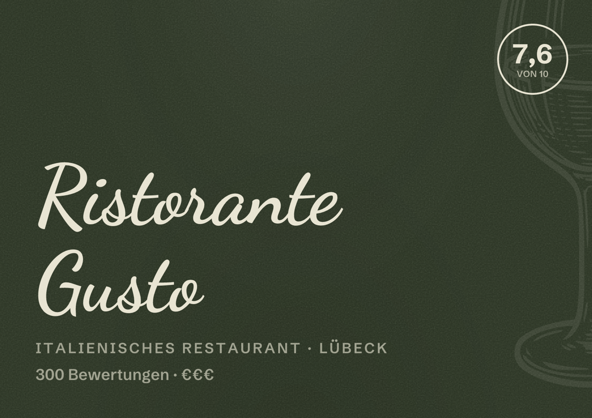 Illustriertes Poster von Ristorante Gusto, Italienisches Restaurant in Lübeck: Bewertung 7,6 von 10 aus 300 Bewertungen, Preisniveau €€€