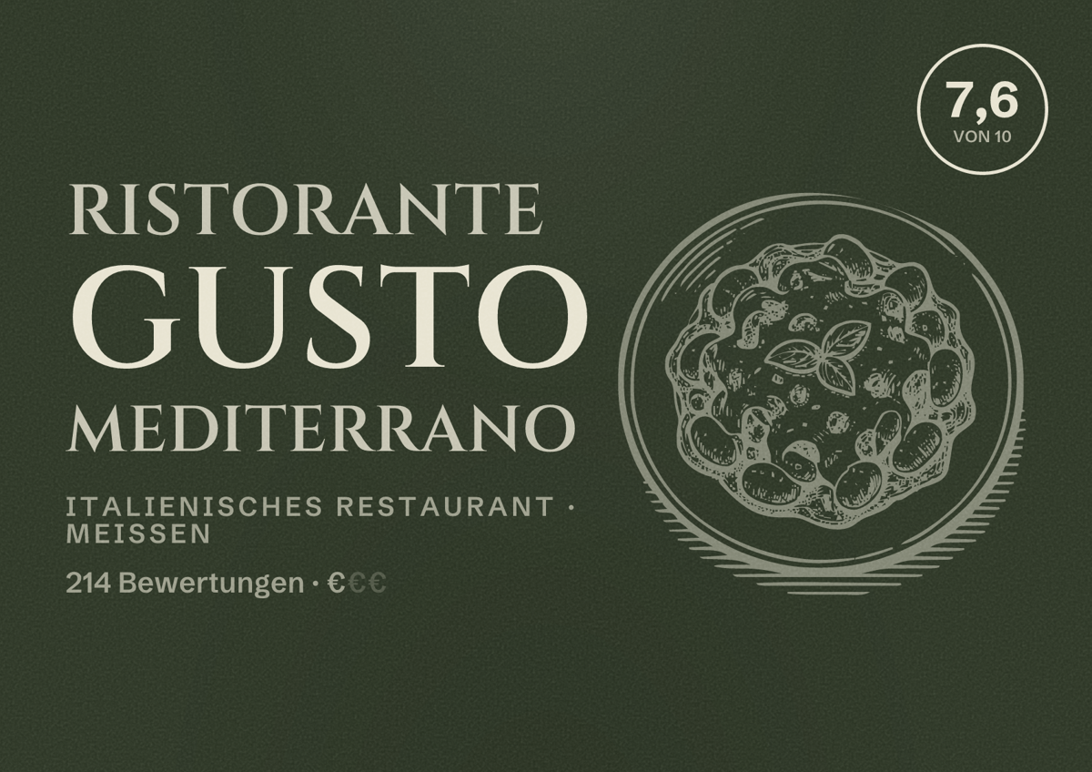 Illustriertes Poster von Ristorante Gusto Mediterrano, Italienisches Restaurant in Meißen: Bewertung 7,6 von 10 aus 214 Bewertungen, Preisniveau €