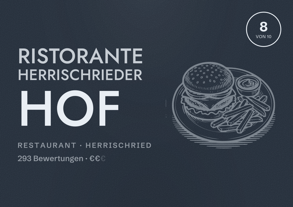 Illustriertes Poster von Ristorante Herrischrieder Hof, Restaurant in Herrischried: Bewertung 8 von 10 aus 293 Bewertungen, Preisniveau €€