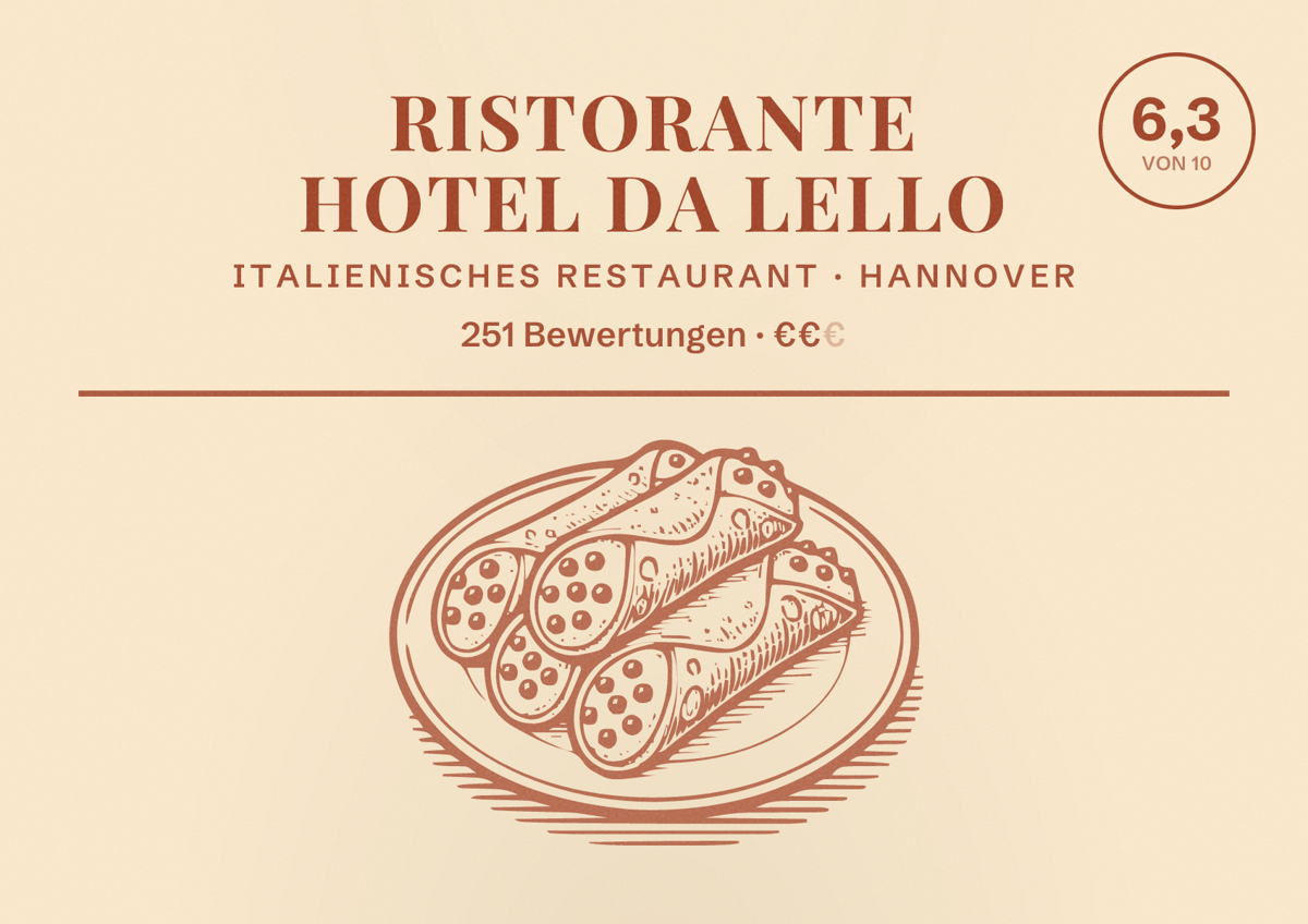 Illustriertes Poster von Ristorante Hotel da Lello, Italienisches Restaurant in Hannover: Bewertung 6,3 von 10 aus 251 Bewertungen, Preisniveau €€