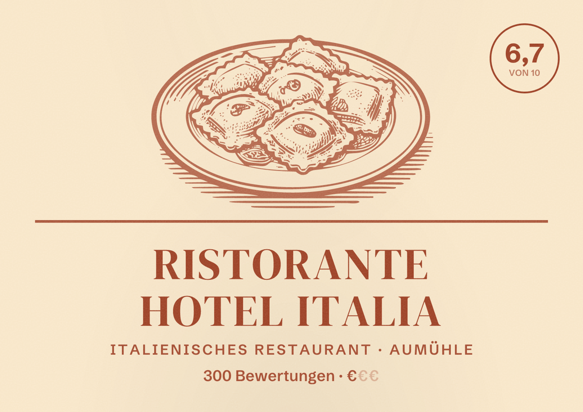 Illustriertes Poster von Ristorante Hotel Italia, Italienisches Restaurant in Aumühle: Bewertung 6,7 von 10 aus 300 Bewertungen, Preisniveau €
