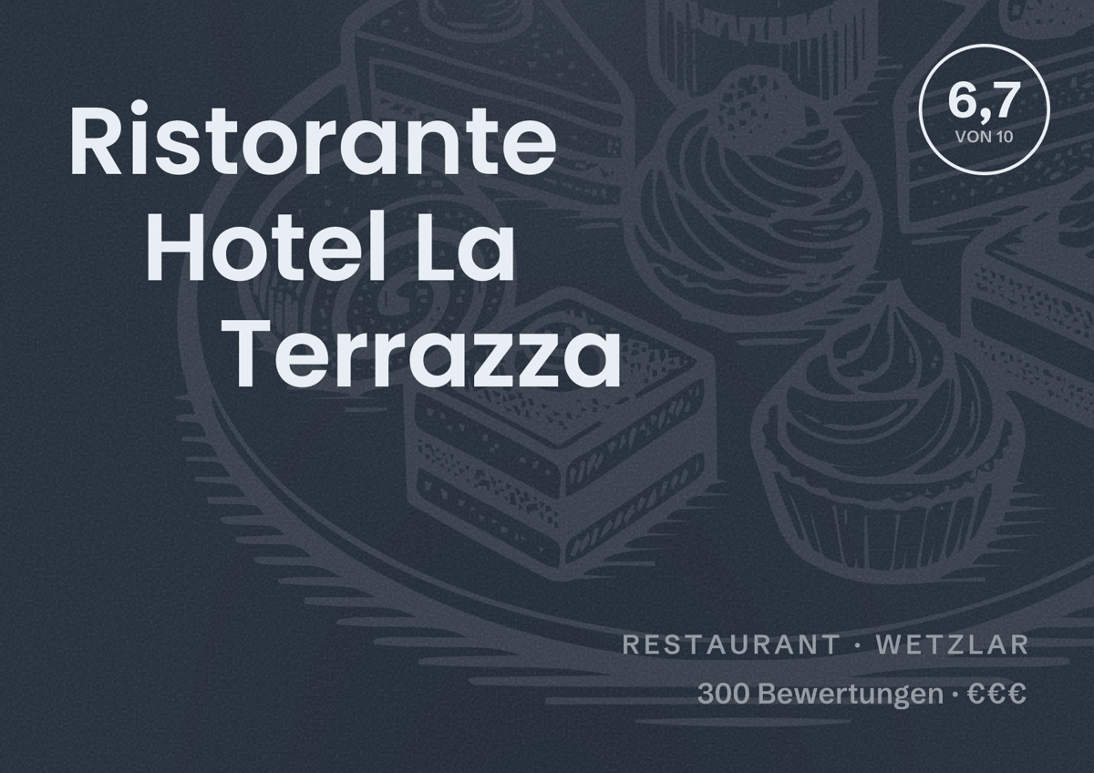 Illustriertes Poster von Ristorante Hotel La Terrazza, Restaurant in Wetzlar: Bewertung 6,7 von 10 aus 300 Bewertungen, Preisniveau €€€