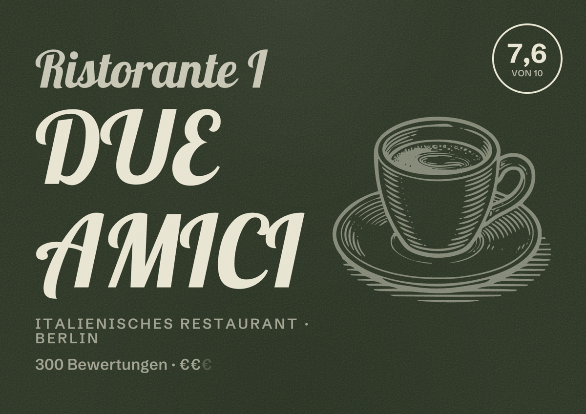 Illustriertes Poster von Ristorante I DUE AMICI, Italienisches Restaurant in Berlin: Bewertung 7,6 von 10 aus 300 Bewertungen, Preisniveau €€