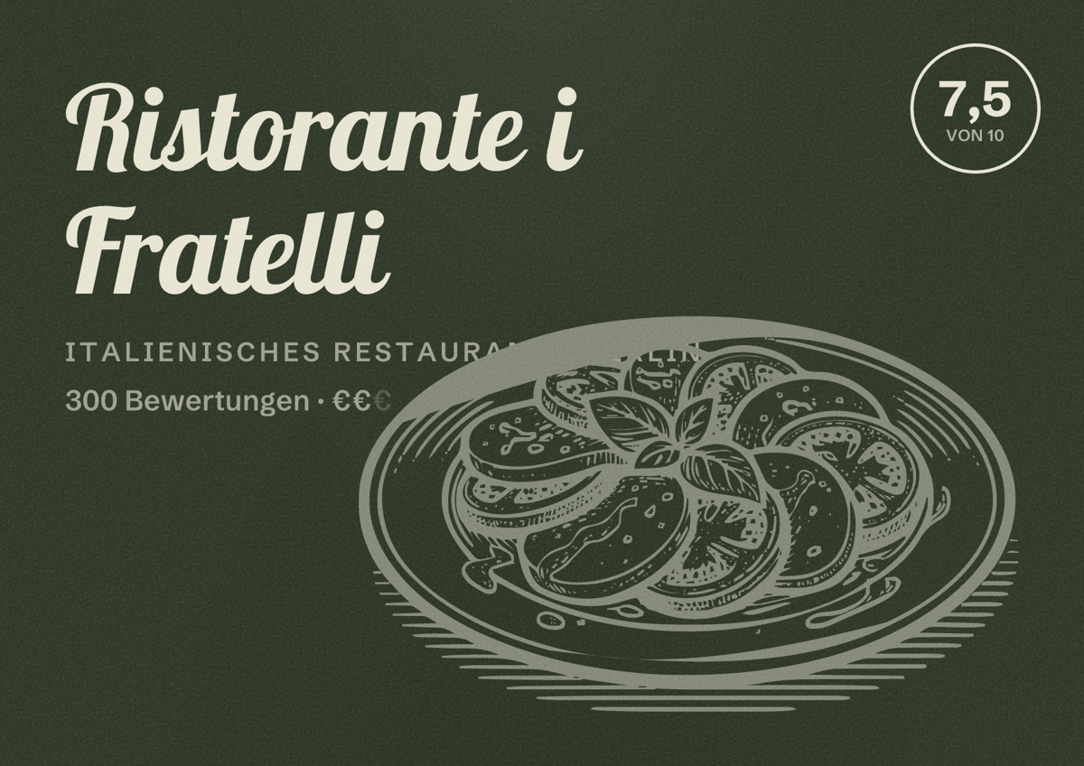 Illustriertes Poster von Ristorante i Fratelli, Italienisches Restaurant in Berlin: Bewertung 7,5 von 10 aus 300 Bewertungen, Preisniveau €€