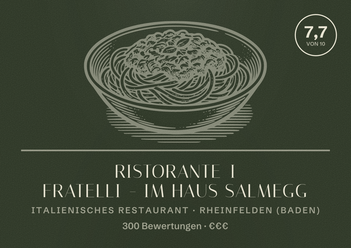 Illustriertes Poster von Ristorante I Fratelli - im Haus Salmegg, Italienisches Restaurant in Rheinfelden (Baden): Bewertung 7,7 von 10 aus 300 Bewertungen, Preisniveau €€€