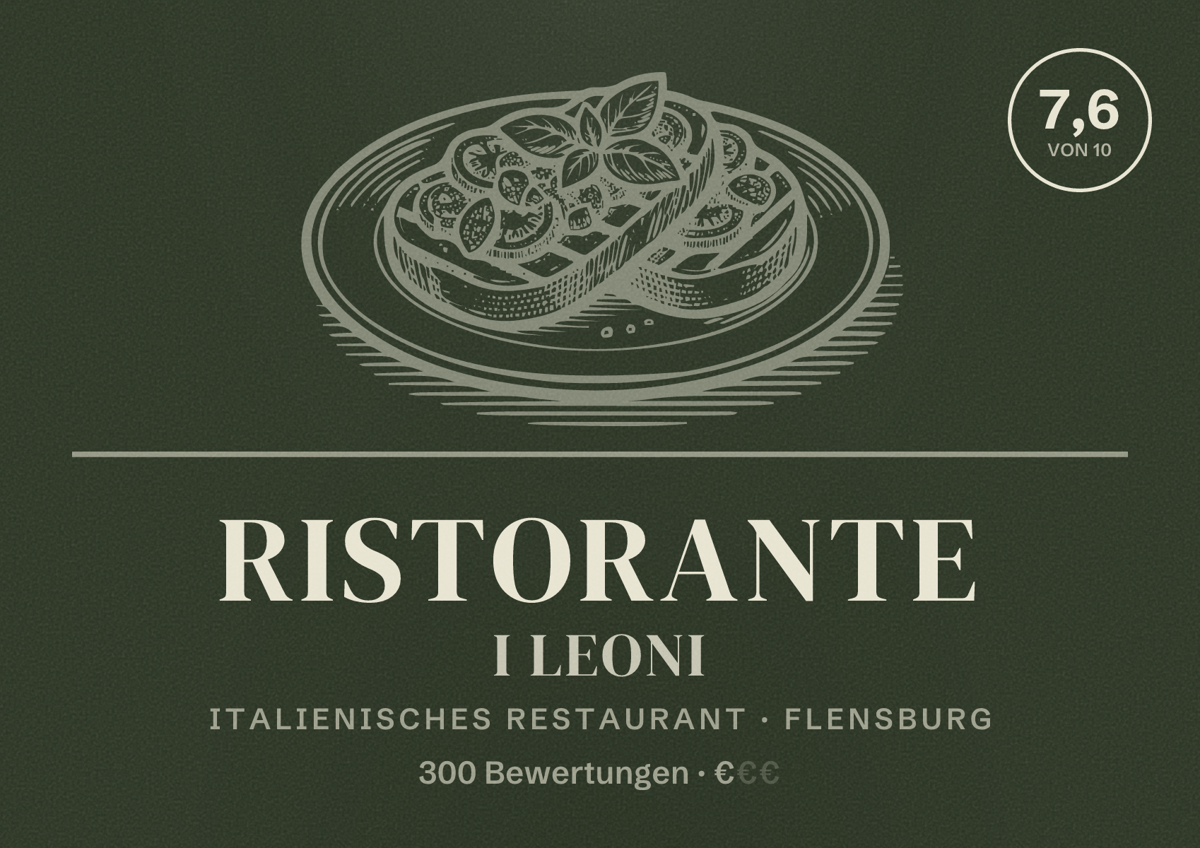 Illustriertes Poster von Ristorante I Leoni, Italienisches Restaurant in Flensburg: Bewertung 7,6 von 10 aus 300 Bewertungen, Preisniveau €