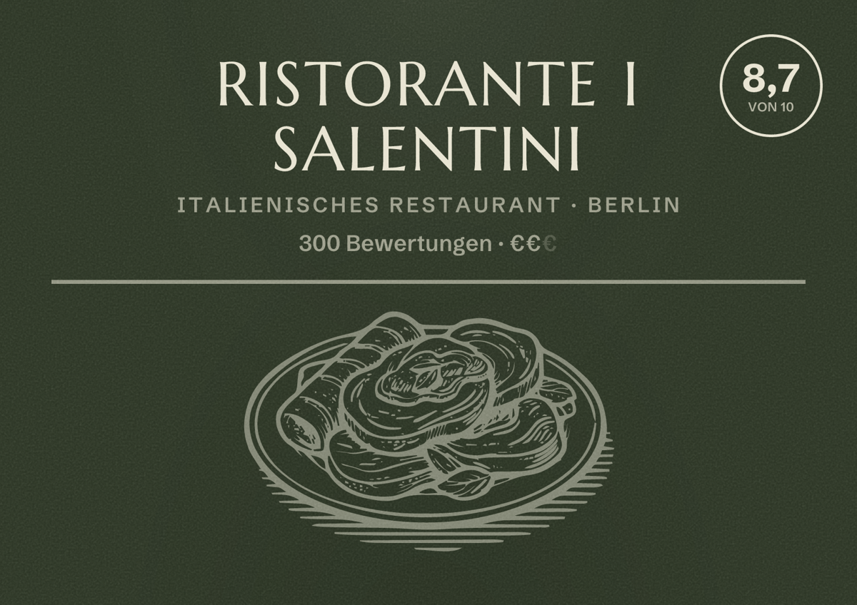 Illustriertes Poster von Ristorante i Salentini, Italienisches Restaurant in Berlin: Bewertung 8,7 von 10 aus 300 Bewertungen, Preisniveau €€
