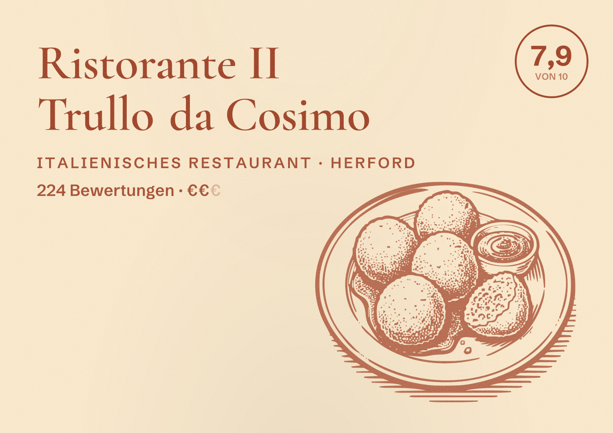 Illustriertes Poster von Ristorante II Trullo da Cosimo, Italienisches Restaurant in Herford: Bewertung 7,9 von 10 aus 224 Bewertungen, Preisniveau €€