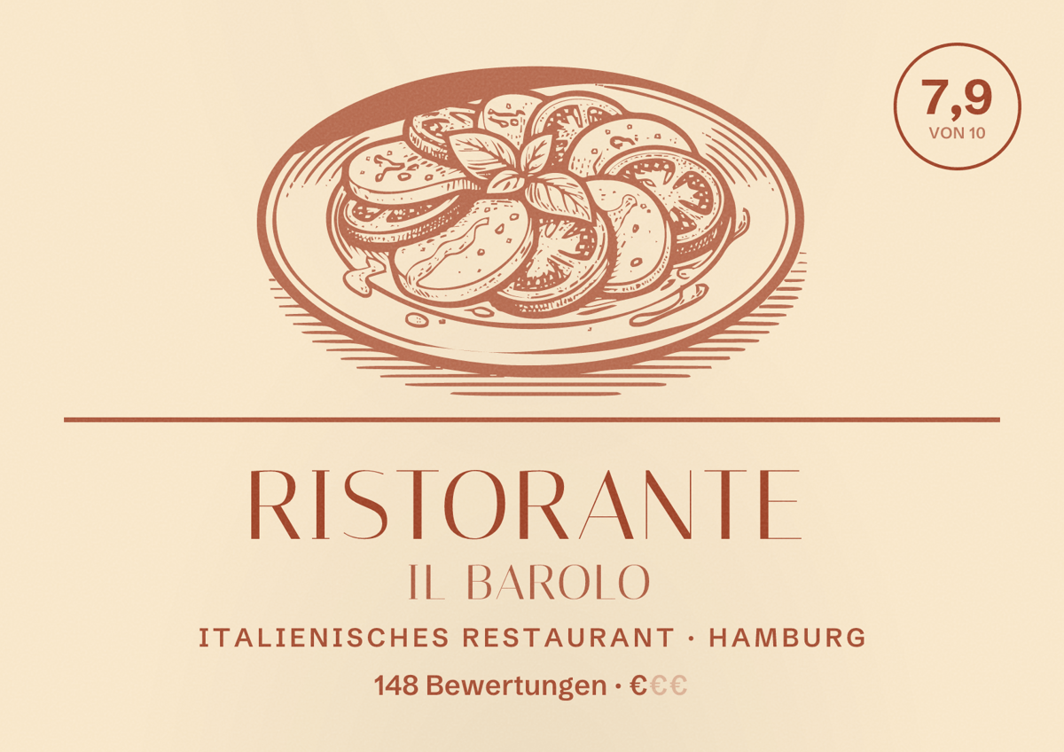 Illustriertes Poster von Ristorante Il Barolo, Italienisches Restaurant in Hamburg: Bewertung 7,9 von 10 aus 148 Bewertungen, Preisniveau €