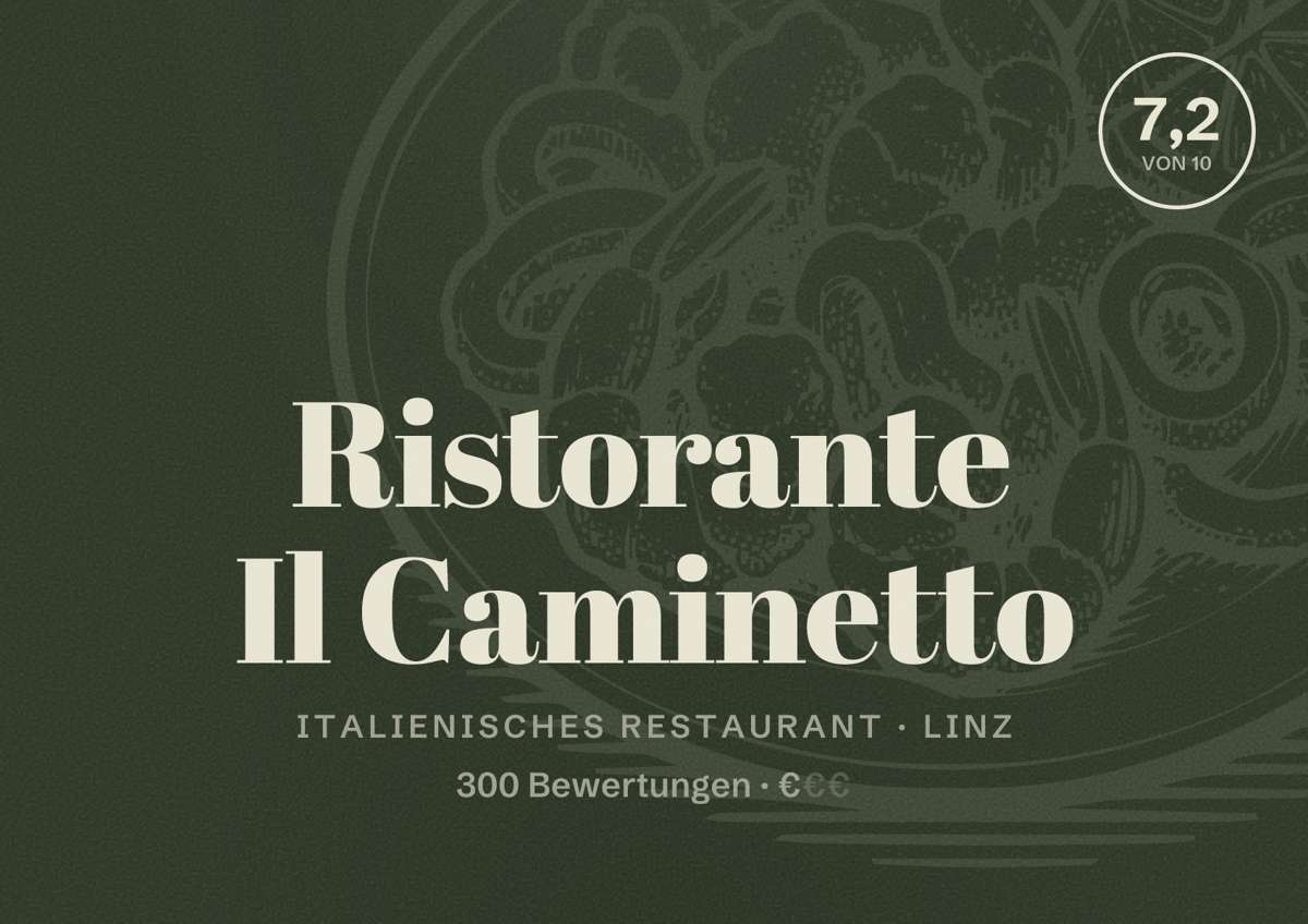 Illustriertes Poster von Ristorante Il Caminetto, Italienisches Restaurant in Linz: Bewertung 7,2 von 10 aus 300 Bewertungen, Preisniveau €