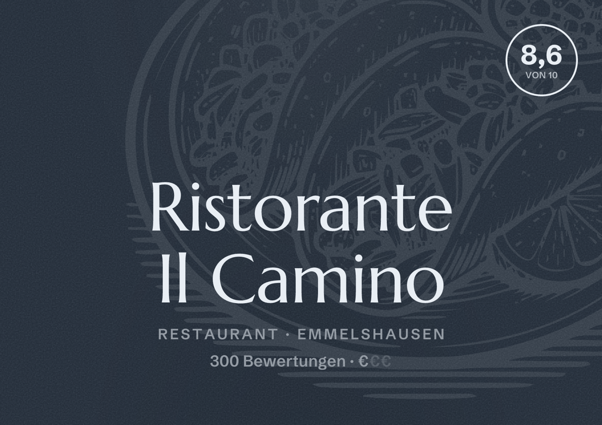 Illustriertes Poster von Ristorante Il Camino, Restaurant in Emmelshausen: Bewertung 8,6 von 10 aus 300 Bewertungen, Preisniveau €