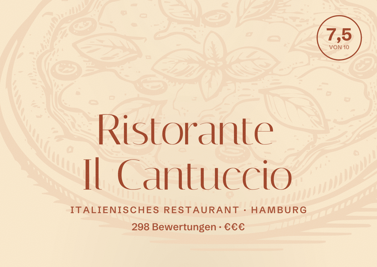Illustriertes Poster von Ristorante Il Cantuccio, Italienisches Restaurant in Hamburg: Bewertung 7,5 von 10 aus 298 Bewertungen, Preisniveau €€€