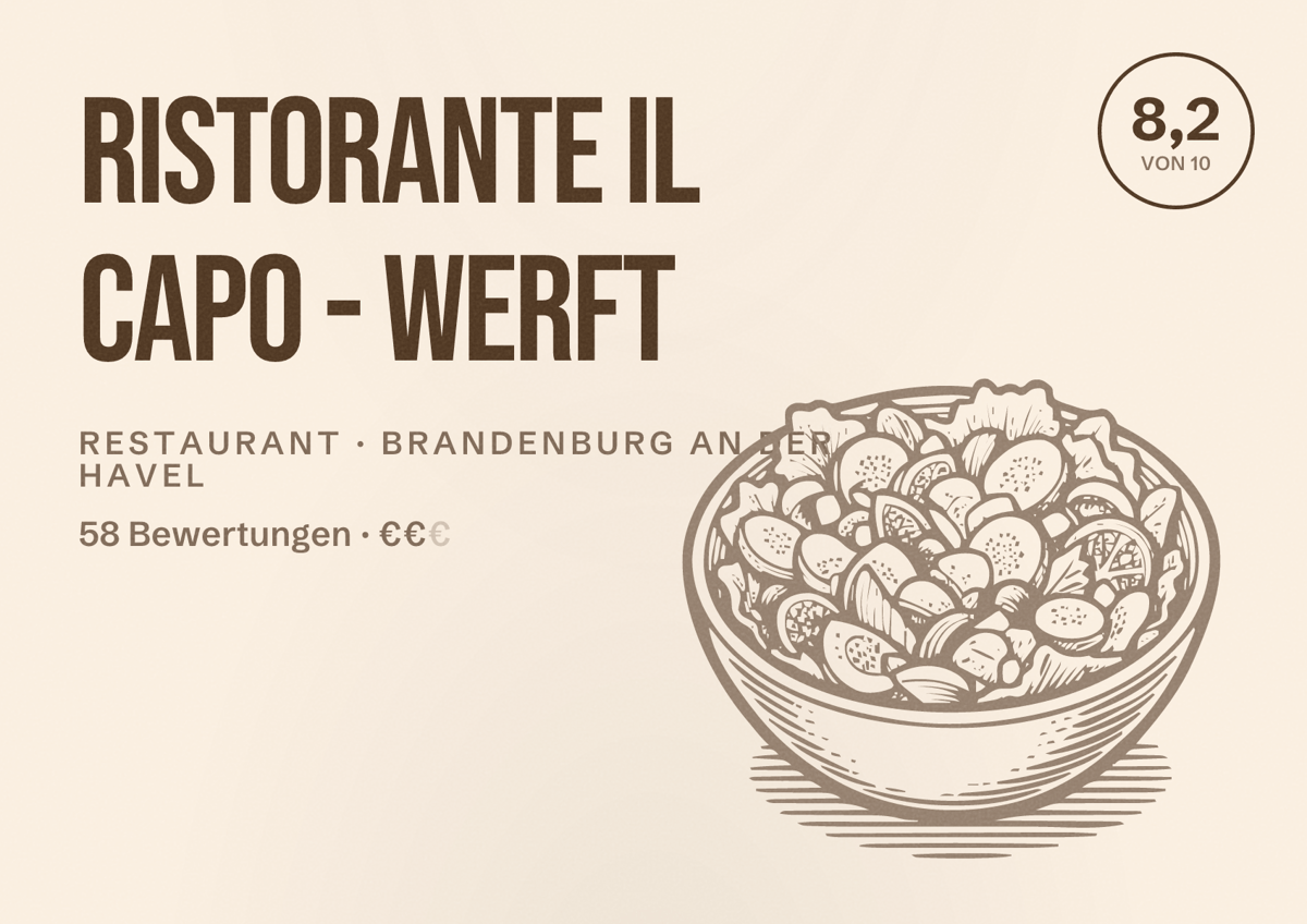 Illustriertes Poster von Ristorante IL Capo - Werft, Restaurant in Brandenburg an der Havel: Bewertung 8,2 von 10 aus 58 Bewertungen, Preisniveau €€