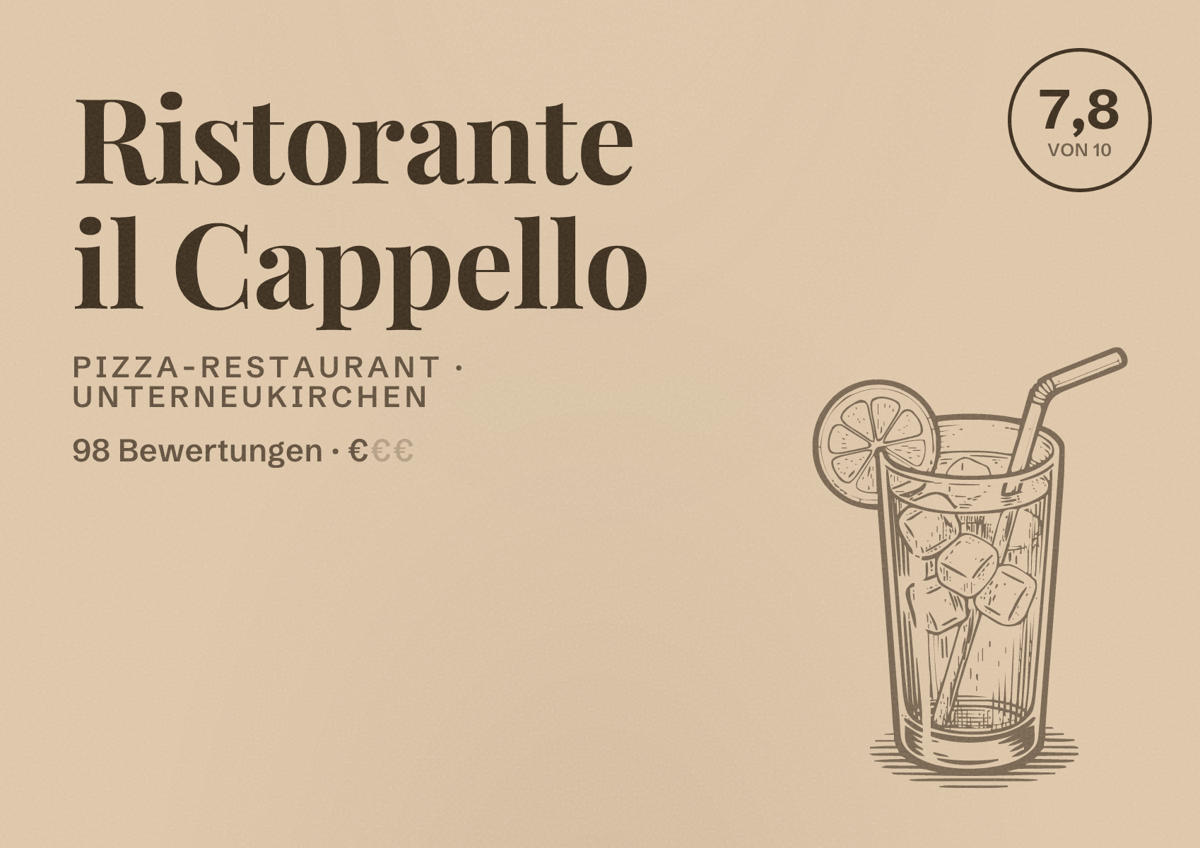 Illustriertes Poster von Ristorante il Cappello, Pizza-Restaurant in Unterneukirchen: Bewertung 7,8 von 10 aus 98 Bewertungen, Preisniveau €