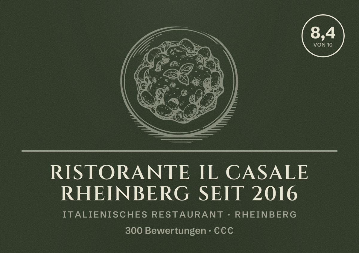 Illustriertes Poster von Ristorante Il Casale Rheinberg seit 2016, Italienisches Restaurant in Rheinberg: Bewertung 8,4 von 10 aus 300 Bewertungen, Preisniveau €€€