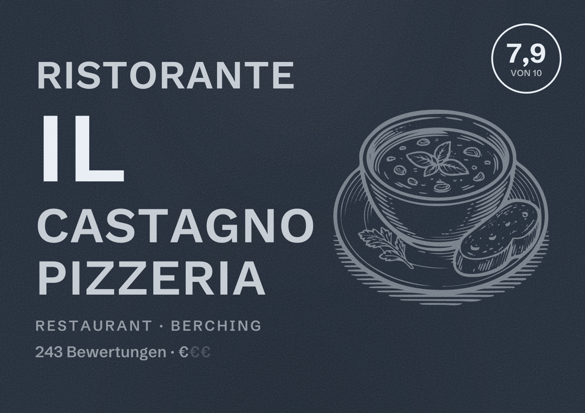 Illustriertes Poster von Ristorante Il Castagno Pizzeria, Restaurant in Berching: Bewertung 7,9 von 10 aus 243 Bewertungen, Preisniveau €