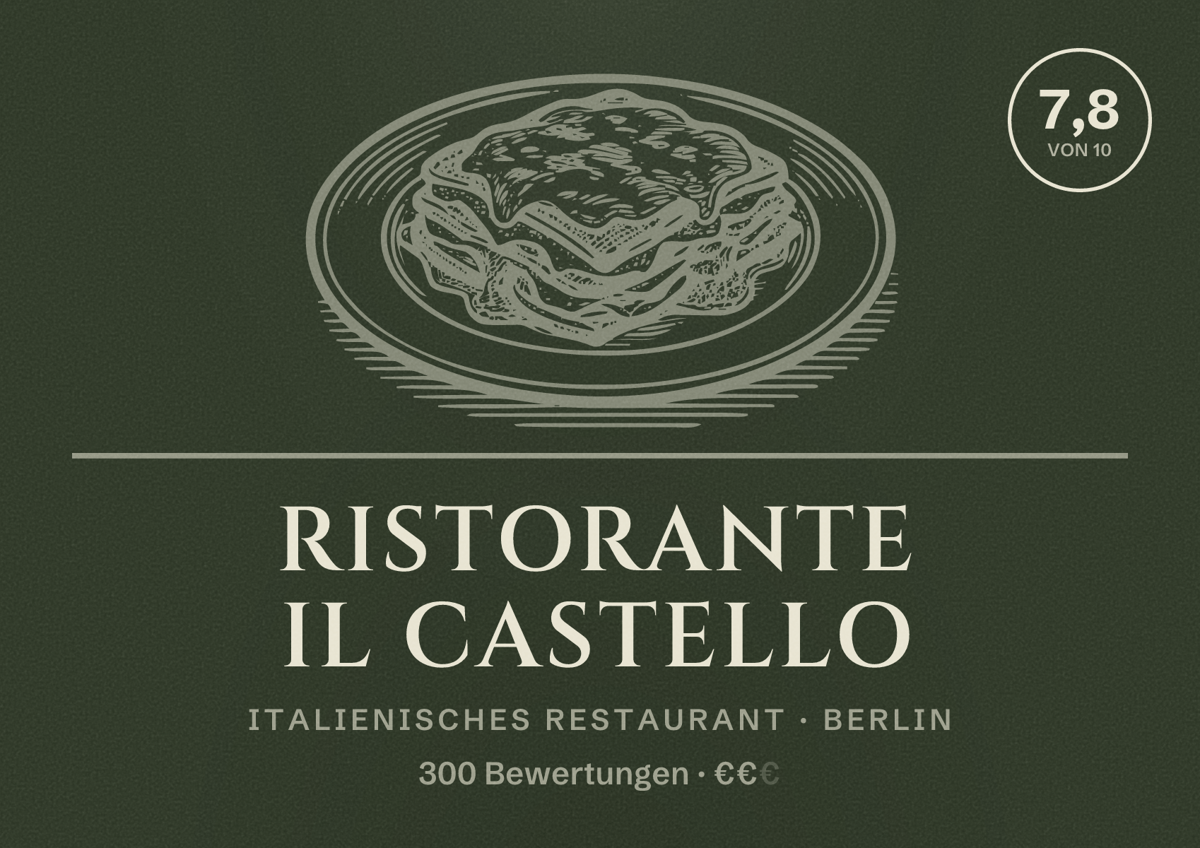 Illustriertes Poster von Ristorante Il Castello, Italienisches Restaurant in Berlin: Bewertung 7,8 von 10 aus 300 Bewertungen, Preisniveau €€