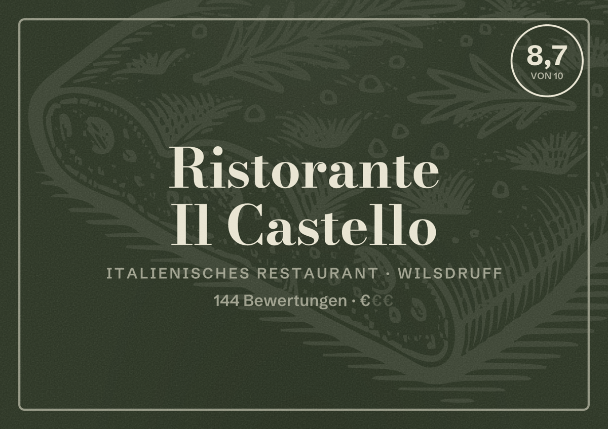Illustriertes Poster von Ristorante Il Castello, Italienisches Restaurant in Wilsdruff: Bewertung 8,7 von 10 aus 144 Bewertungen, Preisniveau €