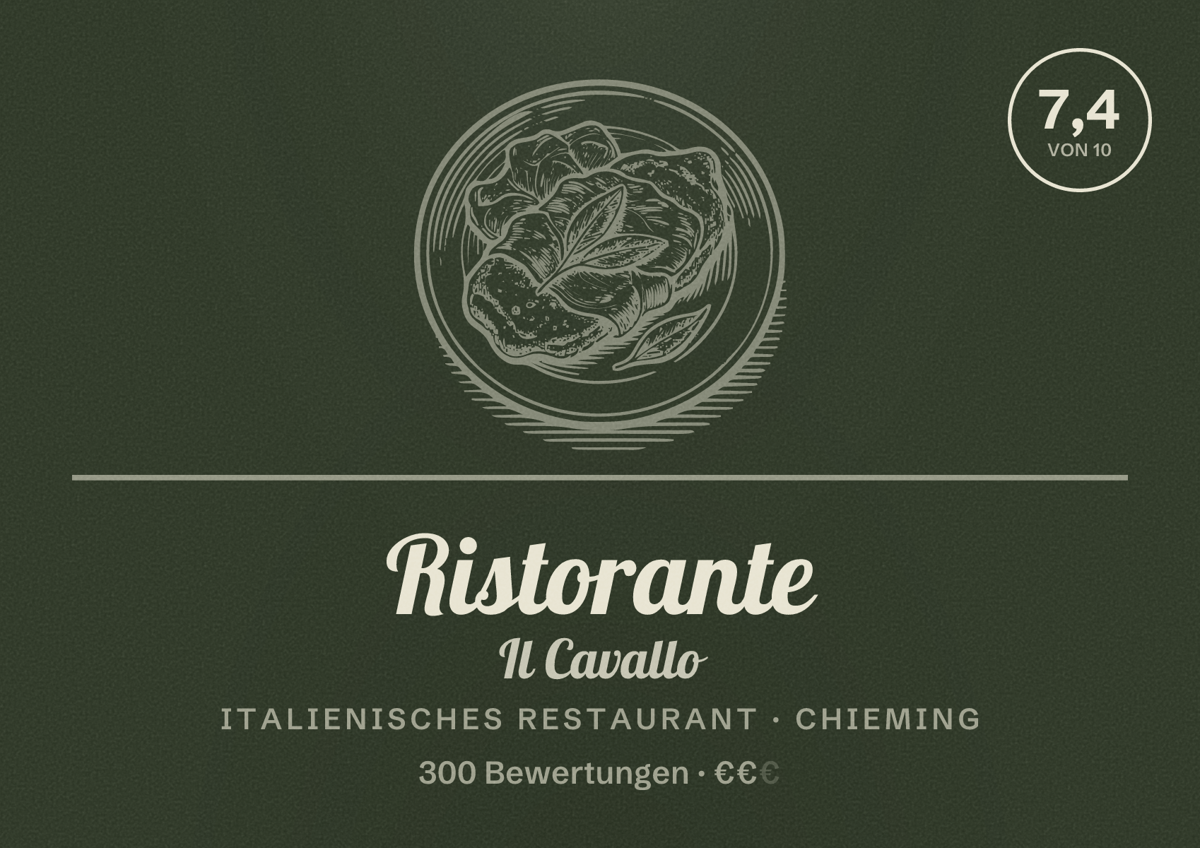 Illustriertes Poster von Ristorante Il Cavallo, Italienisches Restaurant in Chieming: Bewertung 7,4 von 10 aus 300 Bewertungen, Preisniveau €€