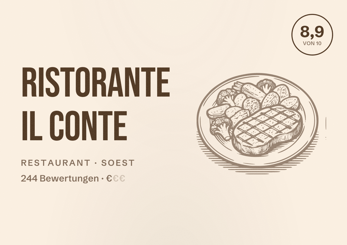 Illustriertes Poster von Ristorante il Conte, Restaurant in Soest: Bewertung 8,9 von 10 aus 244 Bewertungen, Preisniveau €