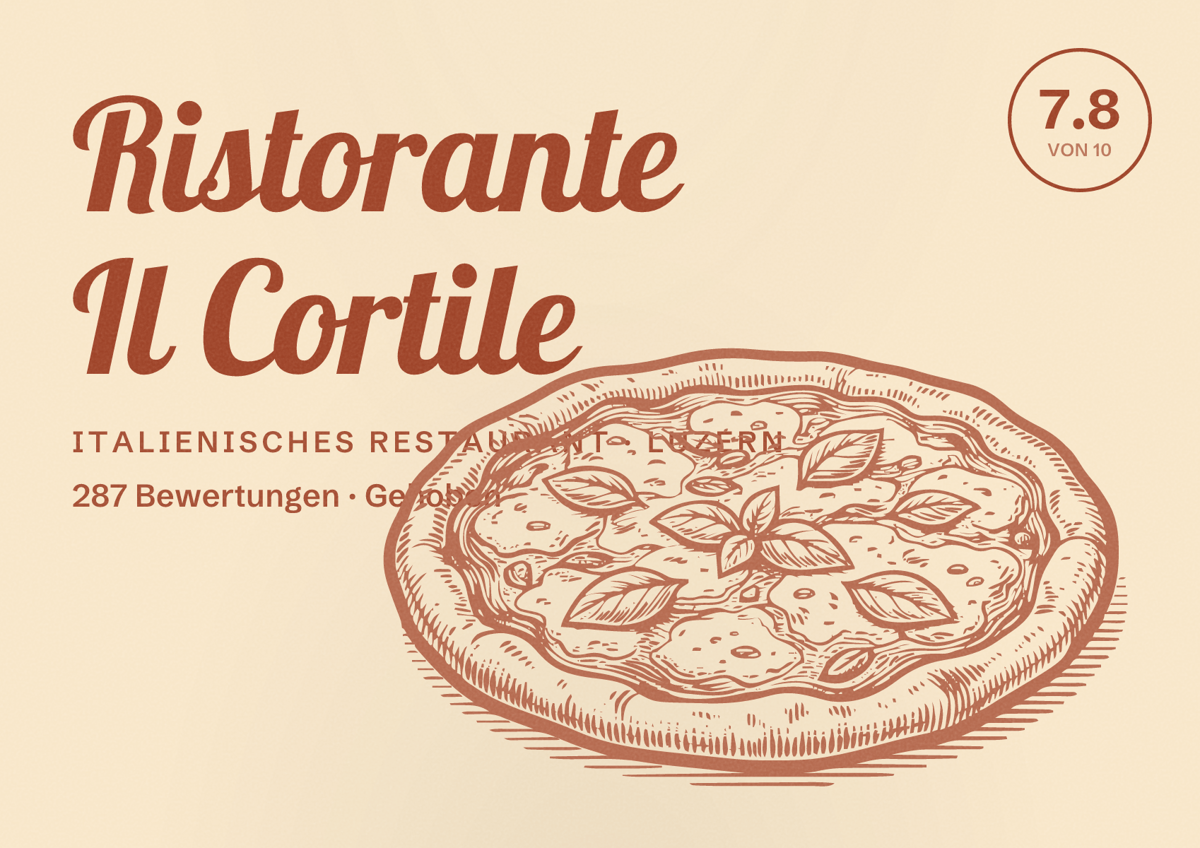 Illustriertes Poster von Ristorante Il Cortile, Italienisches Restaurant in Luzern: Bewertung 7.8 von 10 aus 287 Bewertungen, Preisniveau Gehoben