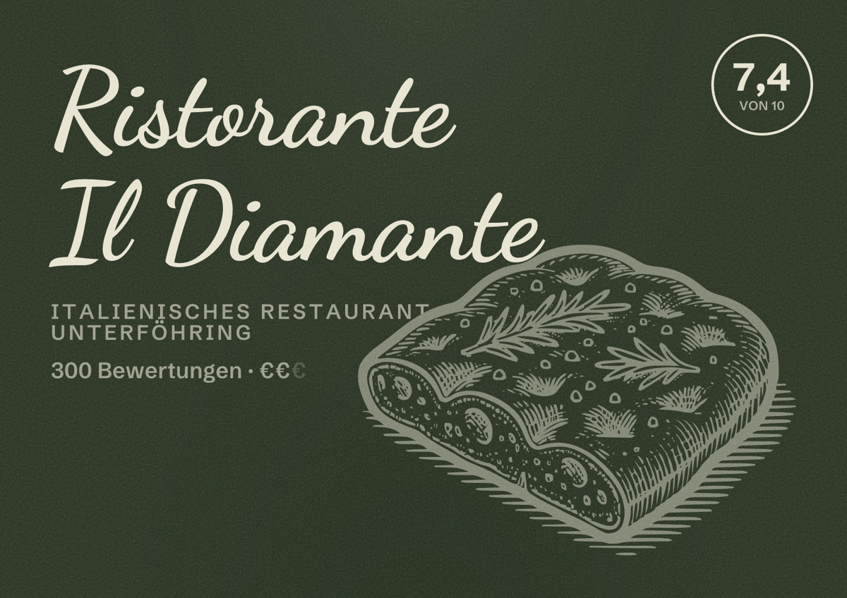 Illustriertes Poster von Ristorante Il Diamante, Italienisches Restaurant in Unterföhring: Bewertung 7,4 von 10 aus 300 Bewertungen, Preisniveau €€