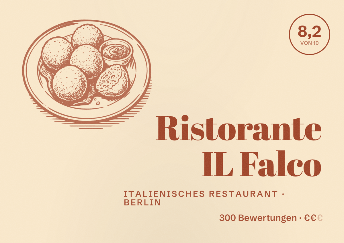Illustriertes Poster von Ristorante IL Falco, Italienisches Restaurant in Berlin: Bewertung 8,2 von 10 aus 300 Bewertungen, Preisniveau €€