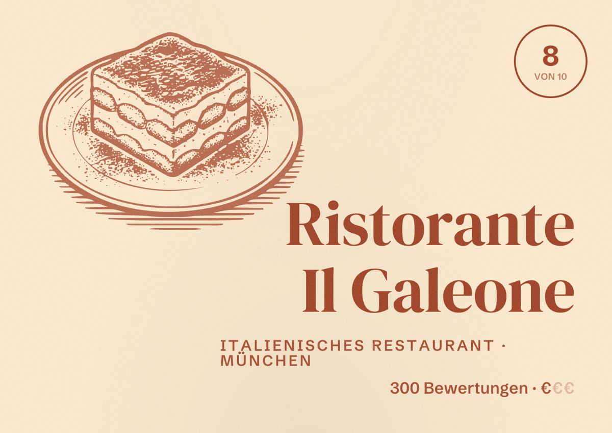 Illustriertes Poster von Ristorante Il Galeone, Italienisches Restaurant in München: Bewertung 8,0 von 10 aus 300 Bewertungen, Preisniveau €