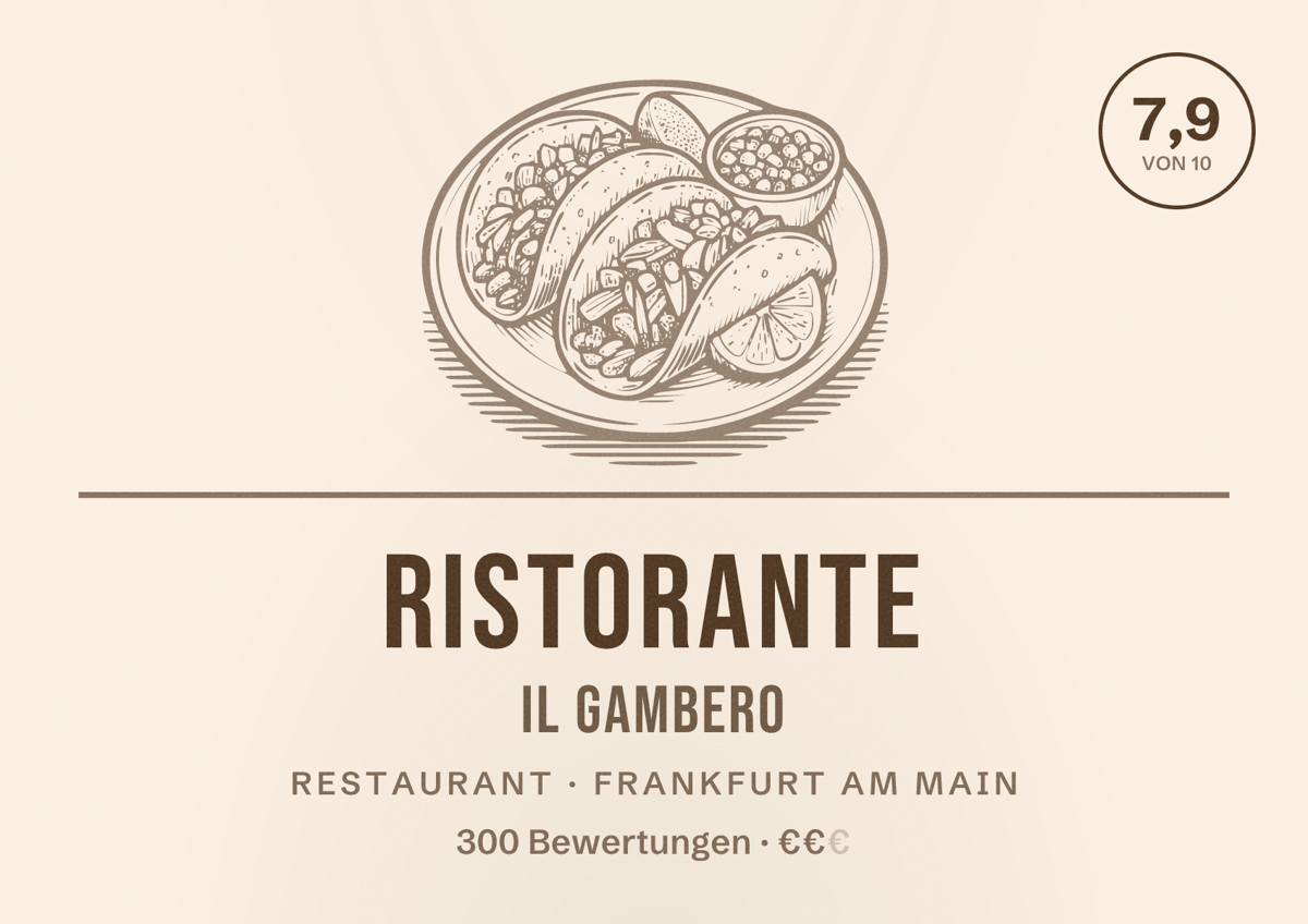 Illustriertes Poster von Ristorante Il Gambero, Restaurant in Frankfurt am Main: Bewertung 7,9 von 10 aus 300 Bewertungen, Preisniveau €€