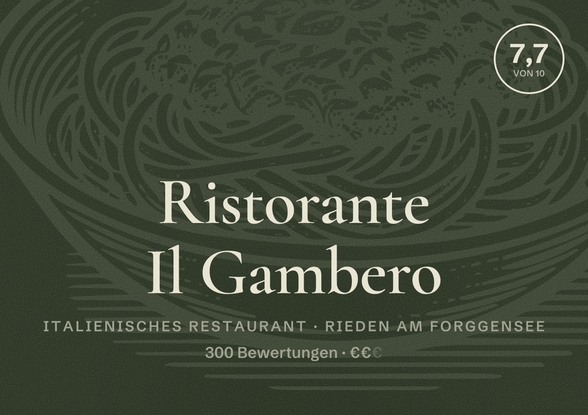 Illustriertes Poster von Ristorante Il Gambero, Italienisches Restaurant in Rieden am Forggensee: Bewertung 7,7 von 10 aus 300 Bewertungen, Preisniveau €€
