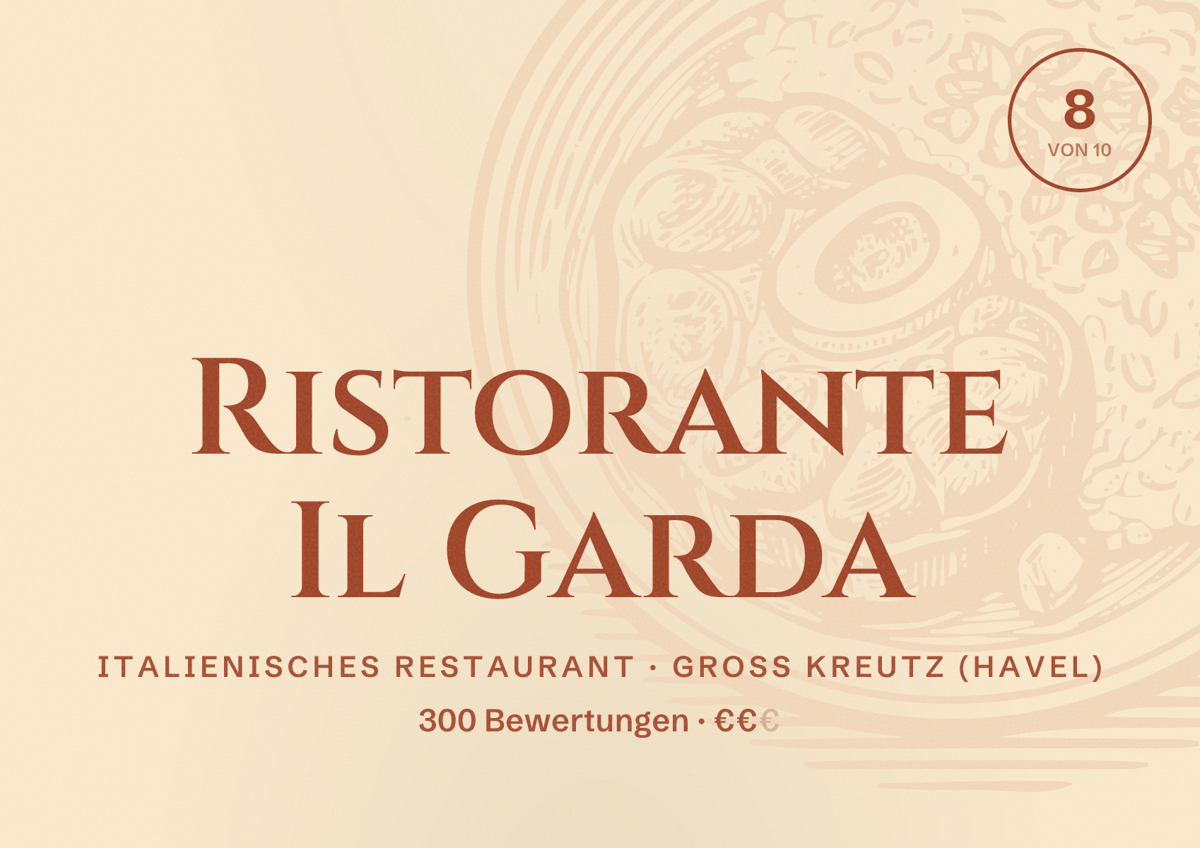 Illustriertes Poster von Ristorante Il Garda, Italienisches Restaurant in Groß Kreutz (Havel): Bewertung 8 von 10 aus 300 Bewertungen, Preisniveau €€