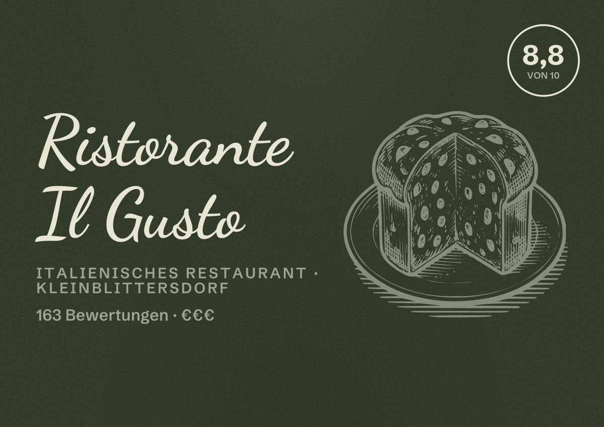 Illustriertes Poster von Ristorante Il Gusto, Italienisches Restaurant in Kleinblittersdorf: Bewertung 8,8 von 10 aus 163 Bewertungen, Preisniveau €€€