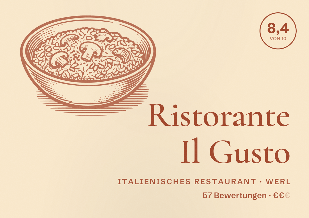 Illustriertes Poster von Ristorante Il Gusto, Italienisches Restaurant in Werl: Bewertung 8,4 von 10 aus 57 Bewertungen, Preisniveau €€
