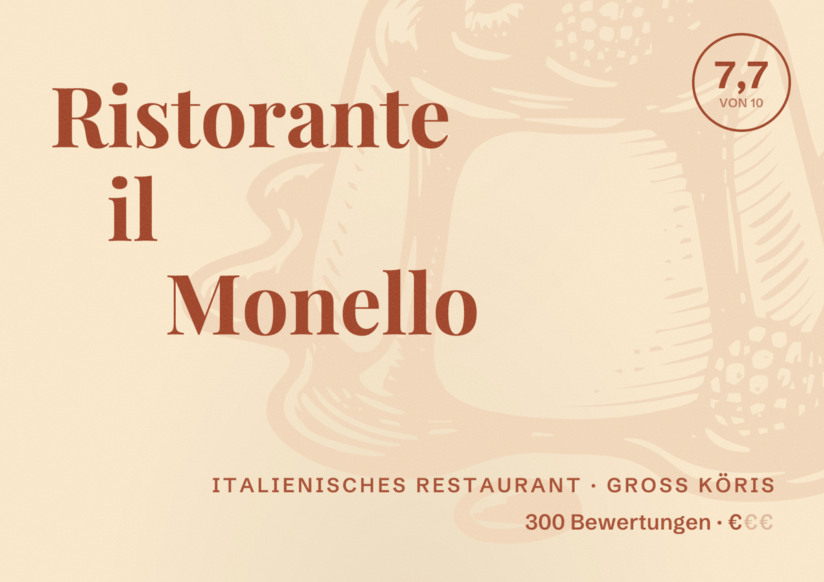 Illustriertes Poster von Ristorante il Monello, Italienisches Restaurant in Groß Köris: Bewertung 7,7 von 10 aus 300 Bewertungen, Preisniveau €