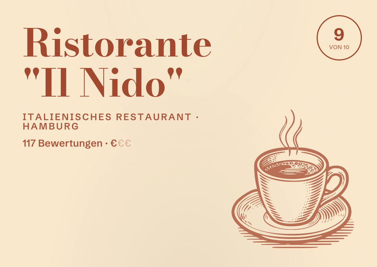 Illustriertes Poster von Ristorante "Il Nido", Italienisches Restaurant in Hamburg: Bewertung 9,0 von 10 aus 117 Bewertungen, Preisniveau €