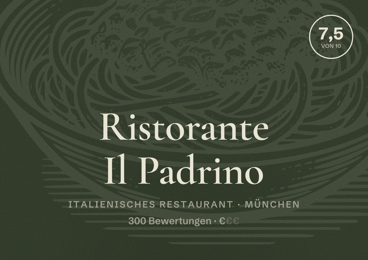 Illustriertes Poster von Ristorante Il Padrino, Italienisches Restaurant in München: Bewertung 7,5 von 10 aus 300 Bewertungen, Preisniveau €
