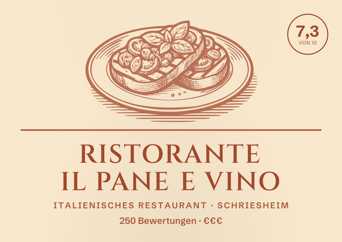 Illustriertes Poster von Ristorante Il Pane e Vino, Italienisches Restaurant in Schriesheim: Bewertung 7,3 von 10 aus 250 Bewertungen, Preisniveau €€€
