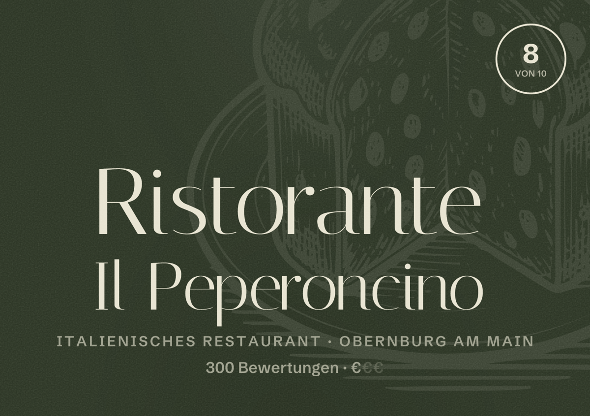 Illustriertes Poster von Ristorante Il Peperoncino, Italienisches Restaurant in Obernburg am Main: Bewertung 8 von 10 aus 300 Bewertungen, Preisniveau €