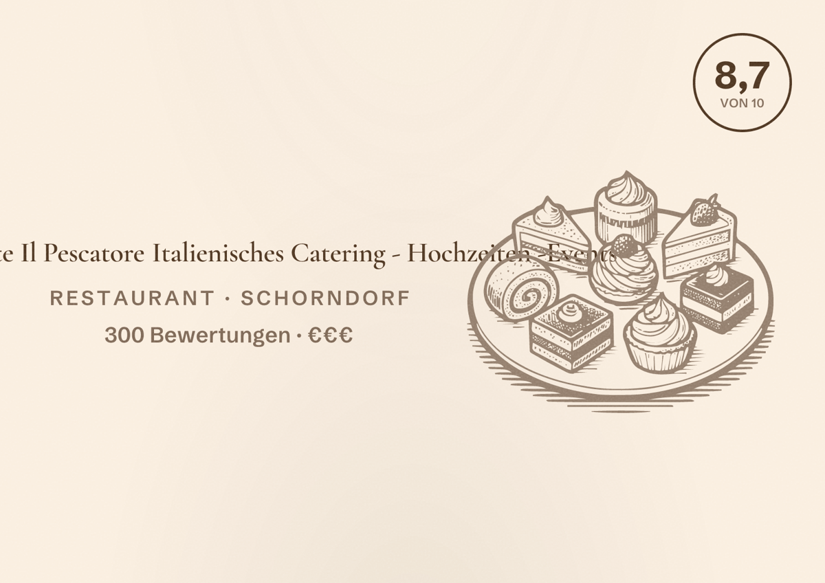 Illustriertes Poster von Ristorante Il Pescatore Italienisches Catering - Hochzeiten -Events, Restaurant in Schorndorf: Bewertung 8,7 von 10 aus 300 Bewertungen, Preisniveau €€€