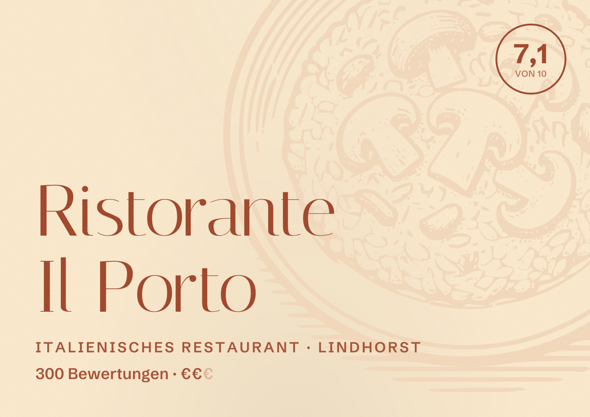 Illustriertes Poster von Ristorante Il Porto, Italienisches Restaurant in Lindhorst: Bewertung 7,1 von 10 aus 300 Bewertungen, Preisniveau €€