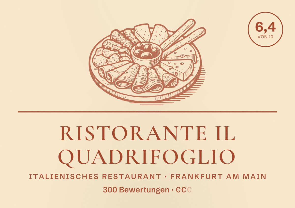Illustriertes Poster von Ristorante il Quadrifoglio, Italienisches Restaurant in Frankfurt am Main: Bewertung 6,4 von 10 aus 300 Bewertungen, Preisniveau €€