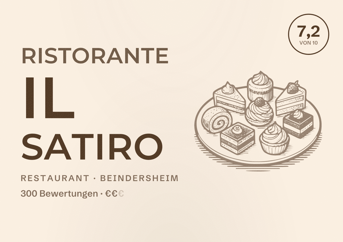 Illustriertes Poster von Ristorante Il Satiro, Restaurant in Beindersheim: Bewertung 7,2 von 10 aus 300 Bewertungen, Preisniveau €€