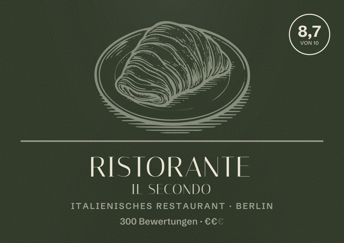 Illustriertes Poster von Ristorante il Secondo, Italienisches Restaurant in Berlin: Bewertung 8,7 von 10 aus 300 Bewertungen, Preisniveau €€